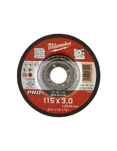 Discuri PRO+ pentru debitare metal - Milwaukee - Stone Cutting Disc Pro+ CC42 115x3mm- 1 buc - cod 4932451499