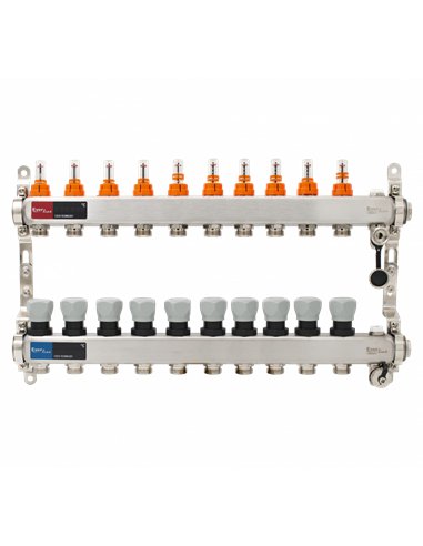 Set distribuitor INOX cu debitmetre, aerisitor manual si robineti de golire 1"- 10 cai - Everline - EVP-DSB3411/10