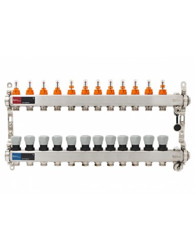 Set distribuitor INOX cu debitmetre, aerisitor manual si robineti de golire 1"- 12 cai - Everline - EVP-DSB3411/12