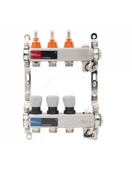 Set distribuitor INOX cu debitmetre, aerisitor manual si robineti de golire 1"- 3 cai - Everline - EVP-DSB3411/3