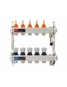 Set distribuitor INOX cu debitmetre, aerisitor manual si robineti de golire 1"- 5 cai - Everline - EVP-DSB3411/5