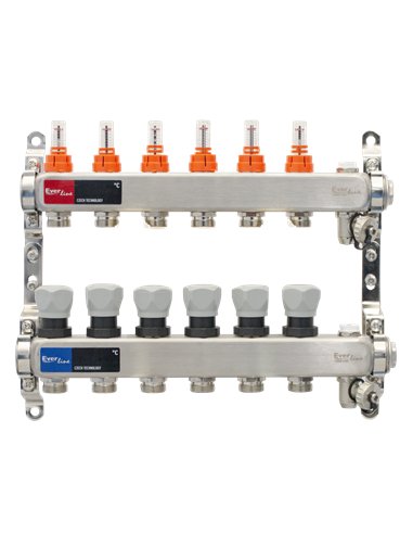 Set distribuitor INOX cu debitmetre, aerisitor manual si robineti de golire 1"- 6 cai - Everline - EVP-DSB3411/6