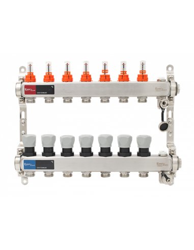Set distribuitor INOX cu debitmetre, aerisitor manual si robineti de golire 1"- 7 cai - Everline - EVP-DSB3411/7
