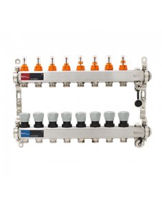 Set distribuitor INOX cu debitmetre, aerisitor manual si robineti de golire 1"- 8 cai - Everline - EVP-DSB3411/8