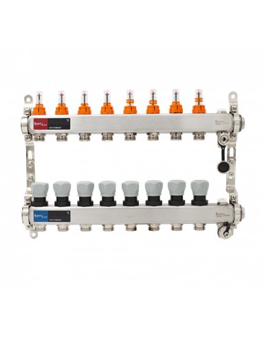 Set distribuitor INOX cu debitmetre, aerisitor manual si robineti de golire 1"- 8 cai - Everline - EVP-DSB3411/8