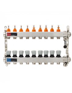 Set distribuitor INOX cu debitmetre, aerisitor manual si robineti de golire 1"- 9 cai - Everline - EVP-DSB3411/9