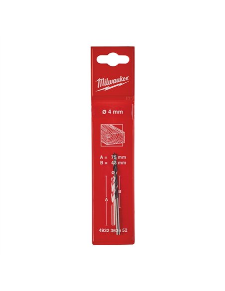 Burghiu pentru lemn Milwaukee cu varf de centrare 4 x 75 mm DIN 7487 E cod 4932363652 - 1 buc