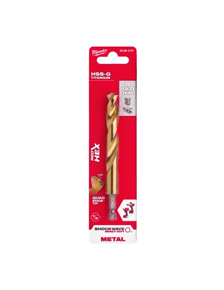 Burghiu Milwaukee Shockwave HSS-G TiN Red Hex pentru metal 12 mm - cod 48894727