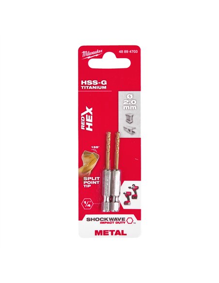 Set 2 burghie Milwaukee Shockwave HSS-G TiN Red Hex pentru metal 2 mm cod 48894703