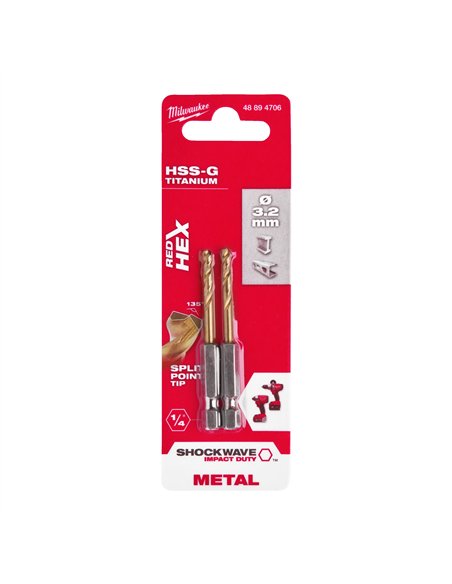 Set 2 burghie Milwaukee Shockwave HSS-G TiN Red Hex 3.2 mm pentru metal