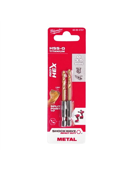 Set 2 burghie Milwaukee Shockwave HSS-G TiN Red Hex 3.5 mm pentru metal