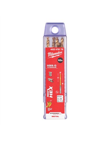 Set 10 burghie Milwaukee Shockwave HSS-G TiN Red Hex de 4 mm pentru metal cod 4932478