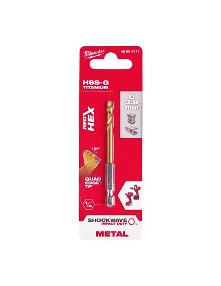 Burghiu metal Milwaukee Shockwave HSS-G TiN Red Hex 4.8 mm - cod 4889471