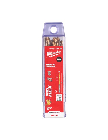 Set 10 burghie Milwaukee Shockwave HSS-G TiN Red Hex de 5 mm pentru metal cod 4932478