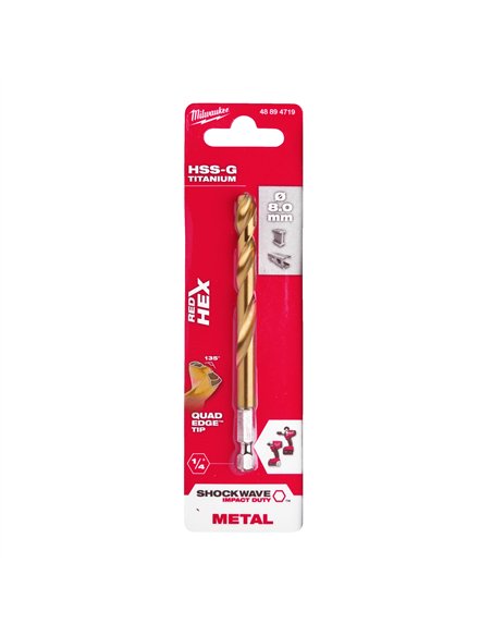 Burghiu Milwaukee Shockwave HSS-G TiN Red Hex pentru metal 8 mm - 48894719