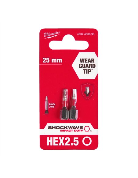 Biti Hex pentru surubelnite SHOCKWAVE IMPACT DUTY - Milwaukee - Shockwave Hex 2.5 mm x 25 mm - 2 buc - cod 4932430893