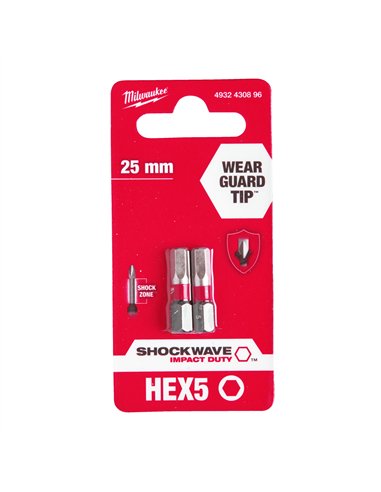 Biti Hex pentru surubelnite SHOCKWAVE IMPACT DUTY - Milwaukee - Shockwave Hex 5 mm x 25 mm - 2 buc - cod 4932430896