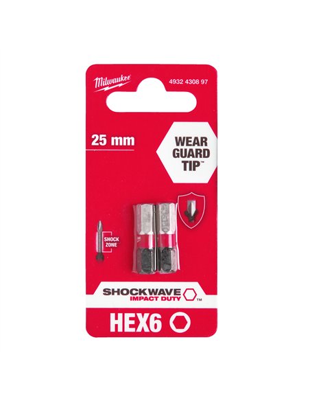 Biti Hex pentru surubelnite SHOCKWAVE IMPACT DUTY - Milwaukee - Shockwave Hex 6 mm x 25 mm - 2 buc - cod 4932430897