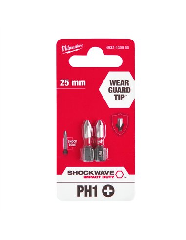 Biti PH pentru surubelnite SHOCKWAVE IMPACT DUTY - Milwaukee - Shockwave PH1 x 25 mm - 2 buc - cod 4932430850