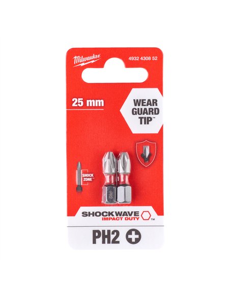 Biti PH pentru surubelnite SHOCKWAVE IMPACT DUTY - Milwaukee - Shockwave PH2 x 25 mm - 2 buc - cod 4932430852