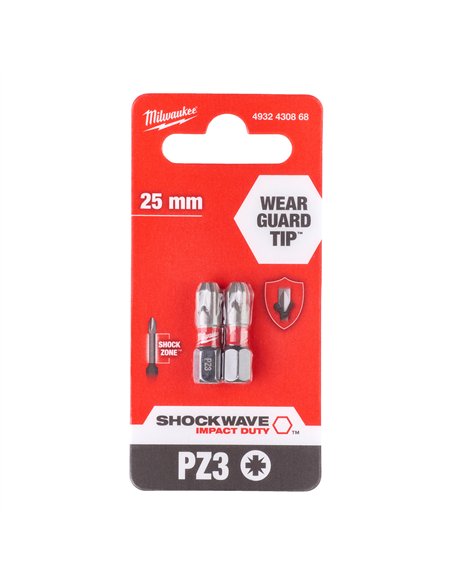 Biti PZ pentru surubelnite SHOCKWAVE IMPACT DUTY - Milwaukee - Shockwave PZ3 x 25 mm - 2 buc - cod 4932430868