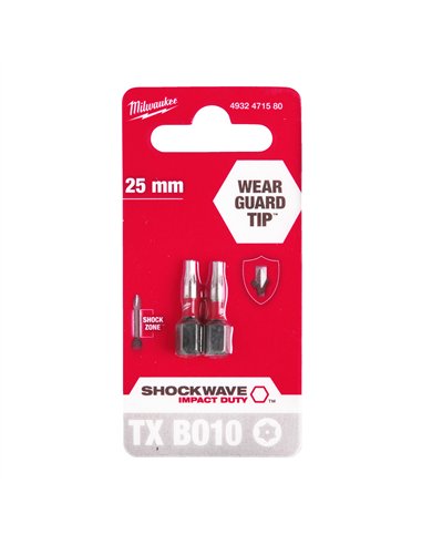 Biti TX BO pentru surubelnite SHOCKWAVE Impact Duty - Milwaukee - Shockwave TX BO10 x 25 mm - 2 buc - cod 4932471580