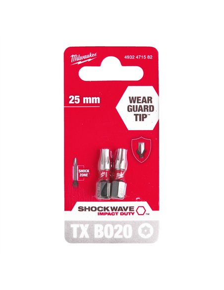 Biti TX BO pentru surubelnite SHOCKWAVE Impact Duty - Milwaukee - Shockwave TX BO20 x 25 mm - 2 buc - cod 4932471582