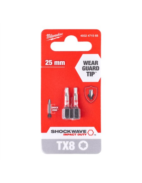 Biti TX pentru surubelnite SHOCKWAVE IMPACT DUTY - Milwaukee - Shockwave TX8 x 25 mm - 2 buc - cod 4932471568
