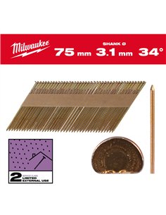 Cuie pentru pistol, 34°, cap D - Milwaukee - 34° D-Head 75 x 3.1 mm / RS / G / SC2 - 2.200 pc - cod 4932492610