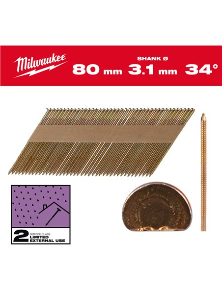 Cuie pentru pistol, 34°, cap D - Milwaukee - 34° D-Head 80 mm / RS / G / SC2 - 2.200 pc - cod 4932492611