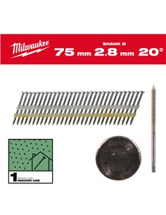 Cuie pentru pistol, 20°, cap rotund - Milwaukee - 20° Round Head 75 mm / RS / B / SC1 - 2.000 pc - cod 4932492588