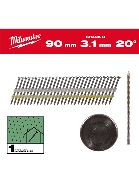 Cuie pentru pistol, 20°, cap rotund - Milwaukee - 20° Round Head 90 mm / RS / B / SC1 - 1.7 50 buc - cod 4932492590