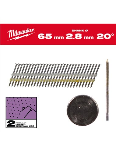 Cuie pentru pistol, 20°, cap rotund - Milwaukee - 20° Round Head 65 mm / RS / G / SC2 - 2.000 pc - cod 4932492591