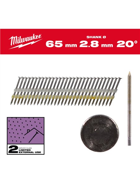 Cuie pentru pistol, 20°, cap rotund - Milwaukee - 20° Round Head 65 mm / RS / G / SC2 - 2.000 pc - cod 4932492591