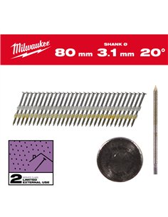 Cuie pentru pistol, 20°, cap rotund - Milwaukee - 20° Round Head 80 mm / RS / G / SC2 - 1.7 50 buc - cod 4932492593