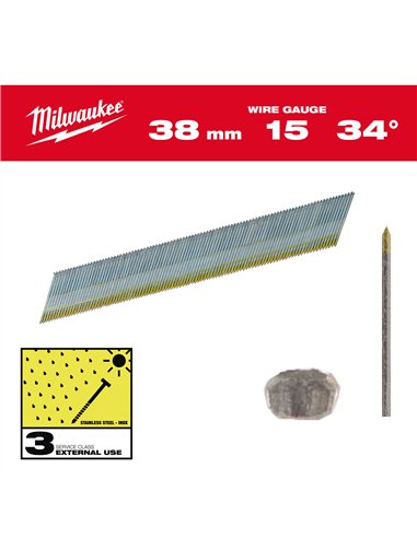 Cuie finisaj 15G, cap tip D - Milwaukee - Inox 15G / 34° / 38 mm / SC3 - 2.500 pc - cod 4932492579