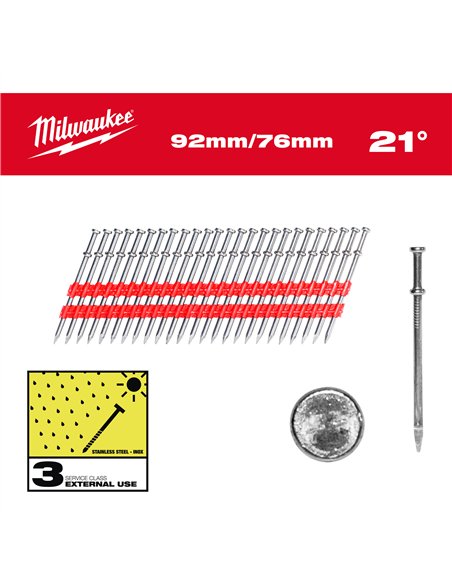 Cuie Duplex 21° - Milwaukee - Duplex Nails 21° Round Head 92 mm / 76 mm - 2000 pc - cod 4932498156