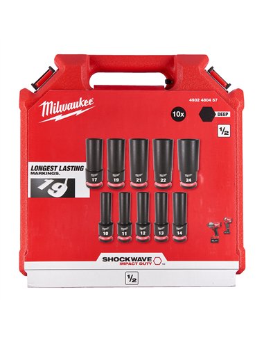 Set chei tubulare 1/2 inch SHOCKWAVE IMPACT DUTY - Milwaukee - 1/2 inch impact socket set deep- 10 buc - cod 4932480457