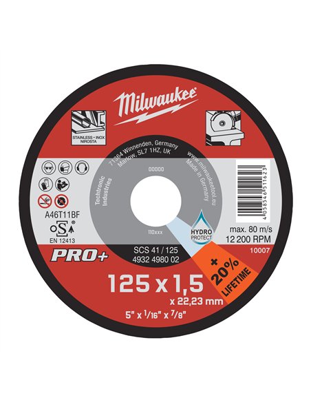Discuri subtiri PRO+ pentru debitare metal - Milwaukee - SCS 41 / 125 x 1.5 x 22 mm - 1 buc - cod 4932498002