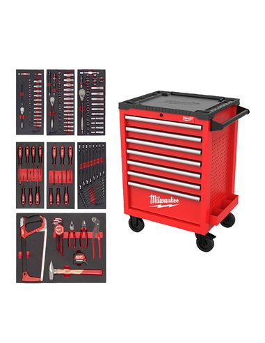 TOOLGUARD Dulap de scule mobil, echipat cu 3 sertare, metalic, 69 cm dotat cu 131 buc scule universale - Milwaukee - Filled TOO