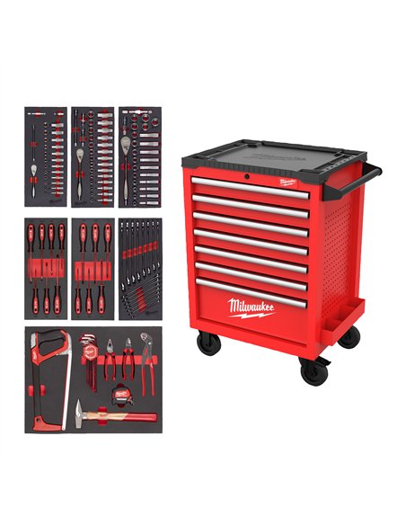 TOOLGUARD Dulap de scule mobil, echipat cu 3 sertare, metalic, 69 cm dotat cu 131 buc scule universale - Milwaukee - Filled TOO