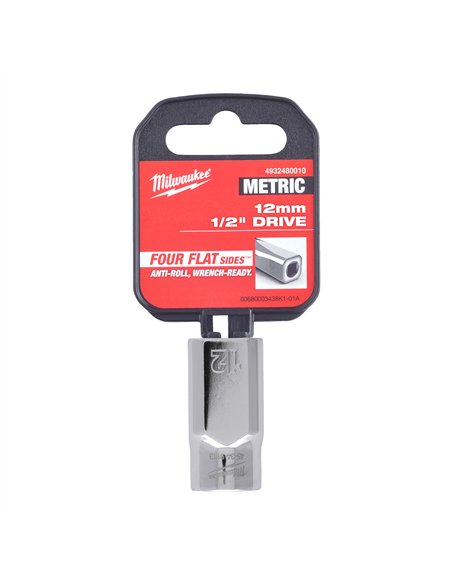 Cheie tubulara 1/2 inch cromata FOUR FLAT - Milwaukee - 1/2 Drive Socket Metric Standard - 12 mm - cod 4932480010
