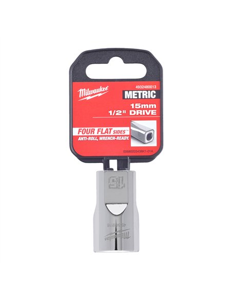 Cheie tubulara 1/2 inch cromata FOUR FLAT - Milwaukee - 1/2 Drive Socket Metric Standard - 15 mm - cod 4932480013