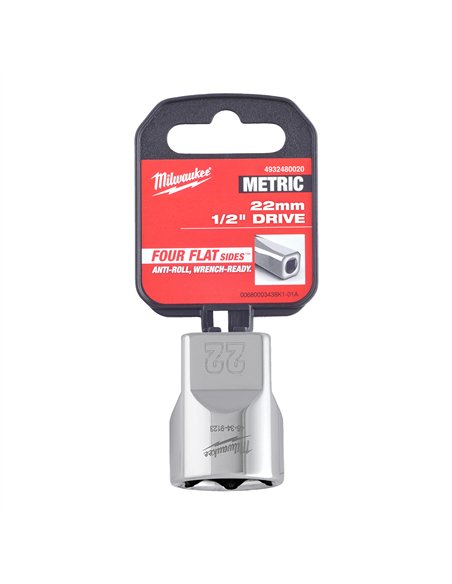 Cheie tubulara 1/2 inch cromata FOUR FLAT - Milwaukee - 1/2 Drive Socket Metric Standard - 22 mm - cod 4932480020