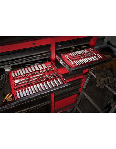 Antrenor cu clichet si chei tubulare - seturi - Milwaukee - 1/4 50 buc Drive Ratchet.+ Socket Set SAE + Metric - cod 4932464944