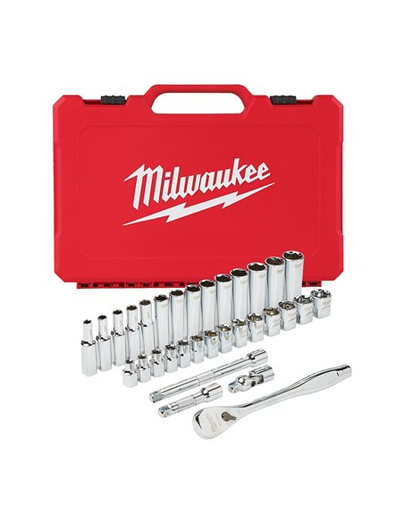 Antrenor cu clichet si chei tubulare - seturi - Milwaukee - 3/8 Drive 3 2 buc Ratchet + Socket Set Metric - cod 4932464945