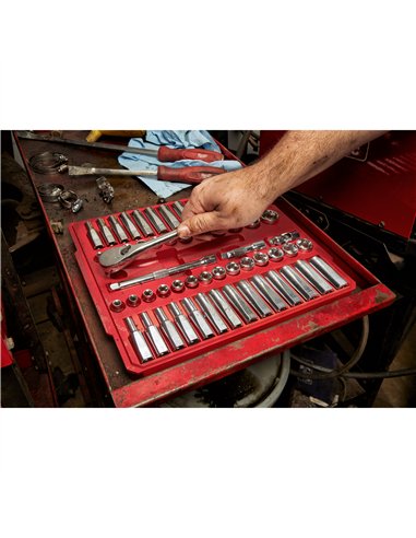 Antrenor cu clichet si chei tubulare - seturi - Milwaukee - 3/8 Drive 5 6 buc Ratchet + Socket Set SAE + Metric - cod 4932464946