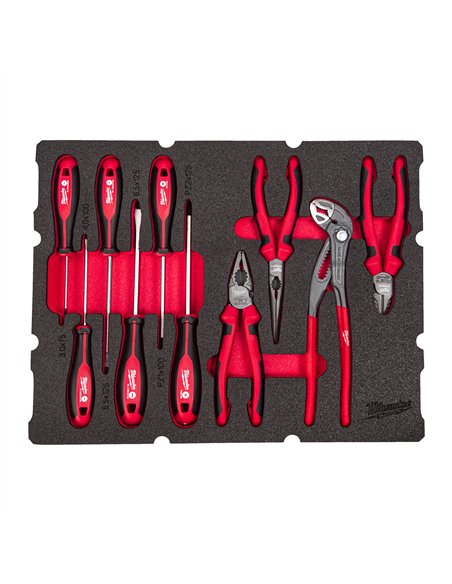 Insertie spuma PACKOUT cu 10 surubelnite si clesti - Milwaukee - 10 buc Packout Drawer Screwdriver & Plier Foam Insert Set - cod